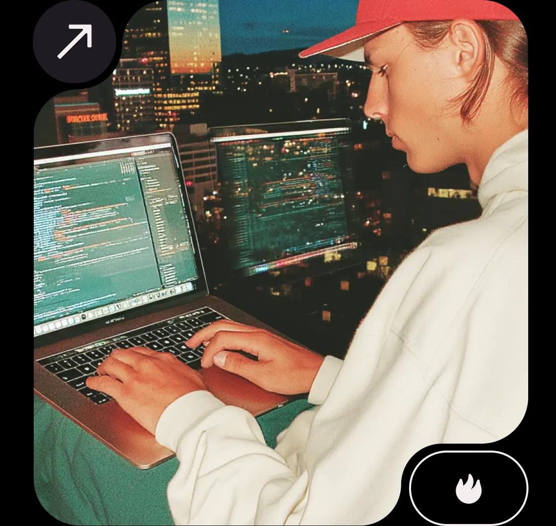 Guy sit close to a large window coding on his laptop