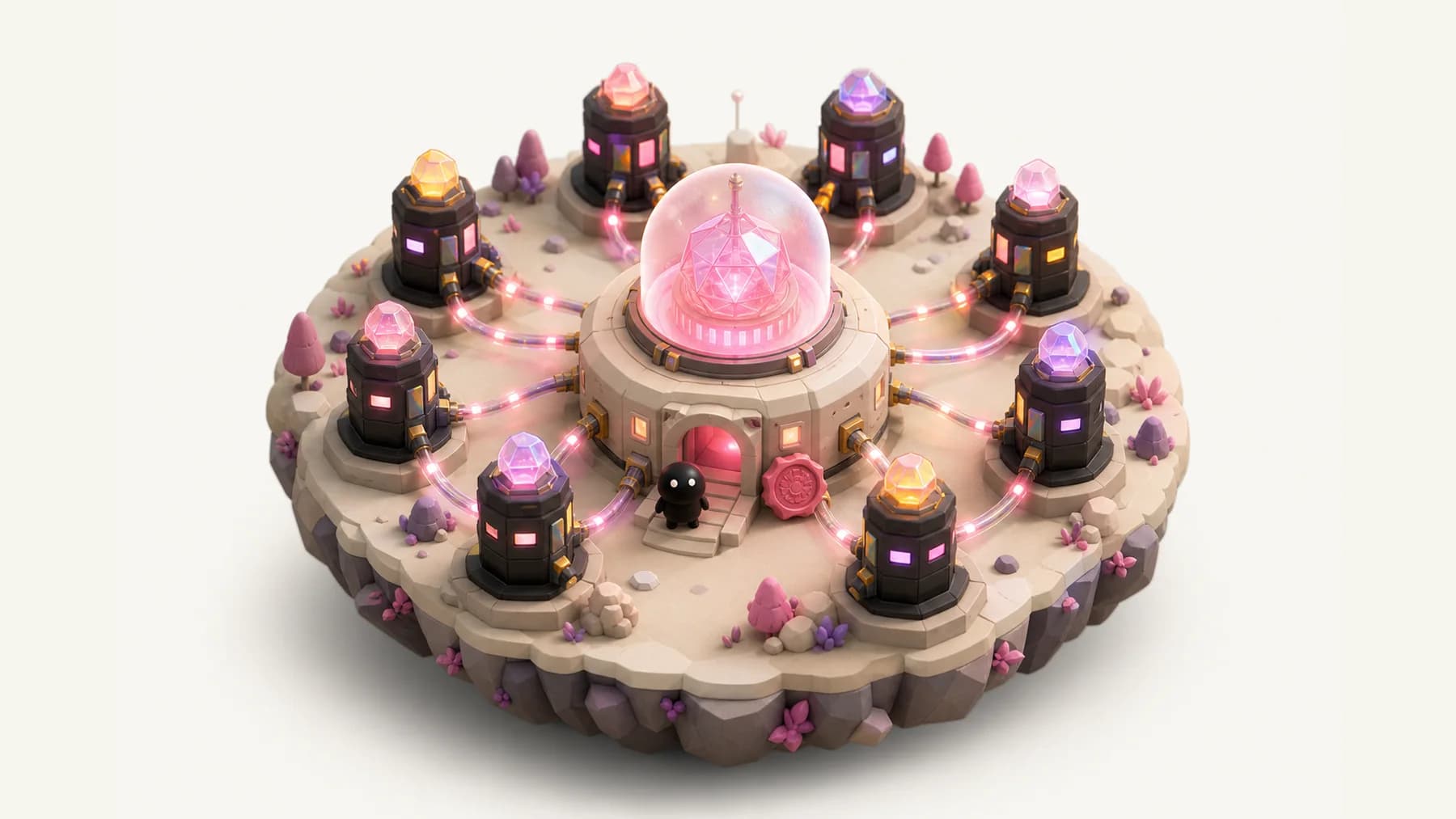 An isometric island holding the Chromia network: a central hub with a glowing core, ringed by smaller buildings